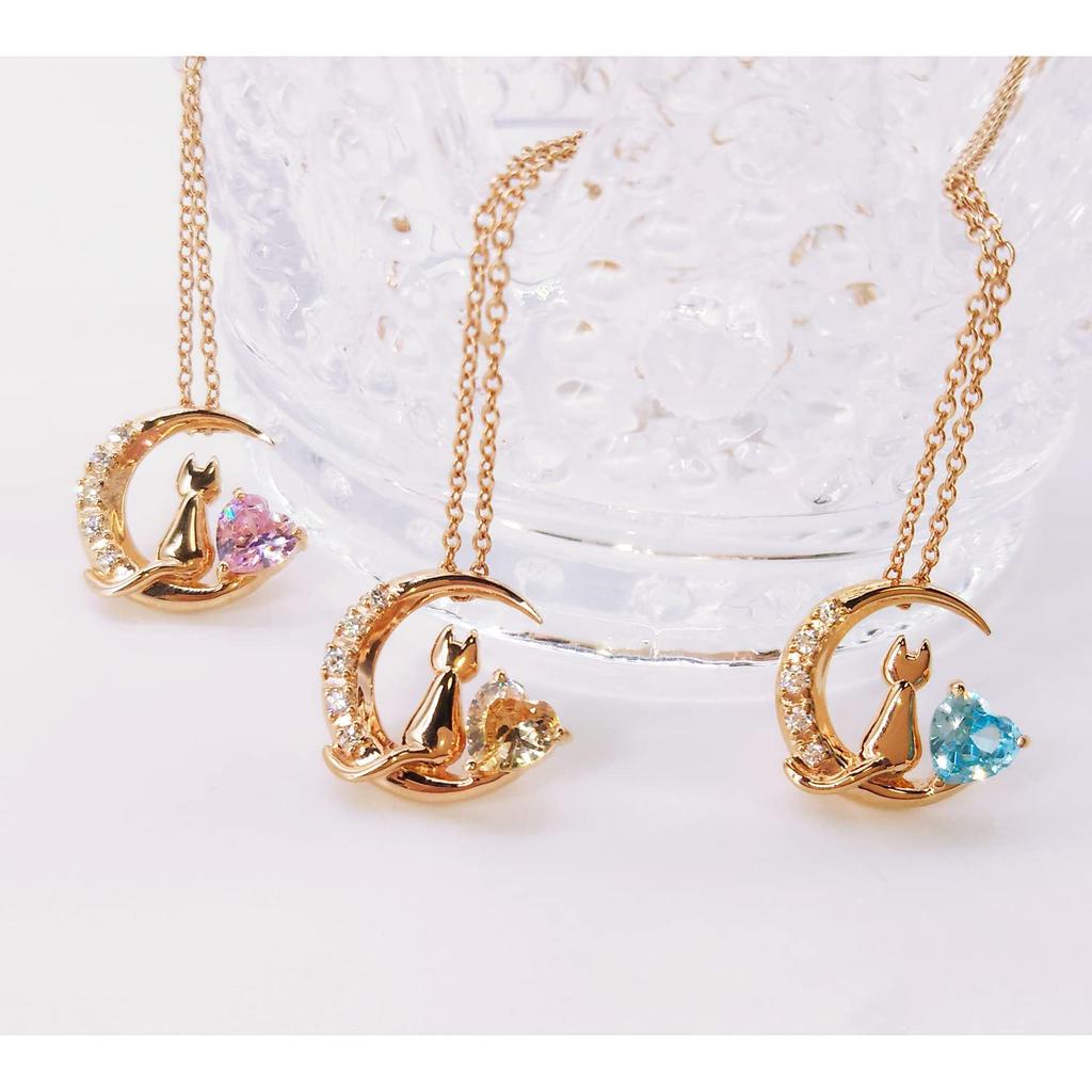 Cubic Zirconia Silver SV925 Cat Moon Heart Necklace for Women Pink [Petit Chaton] (1-02 Gold-Blue)
