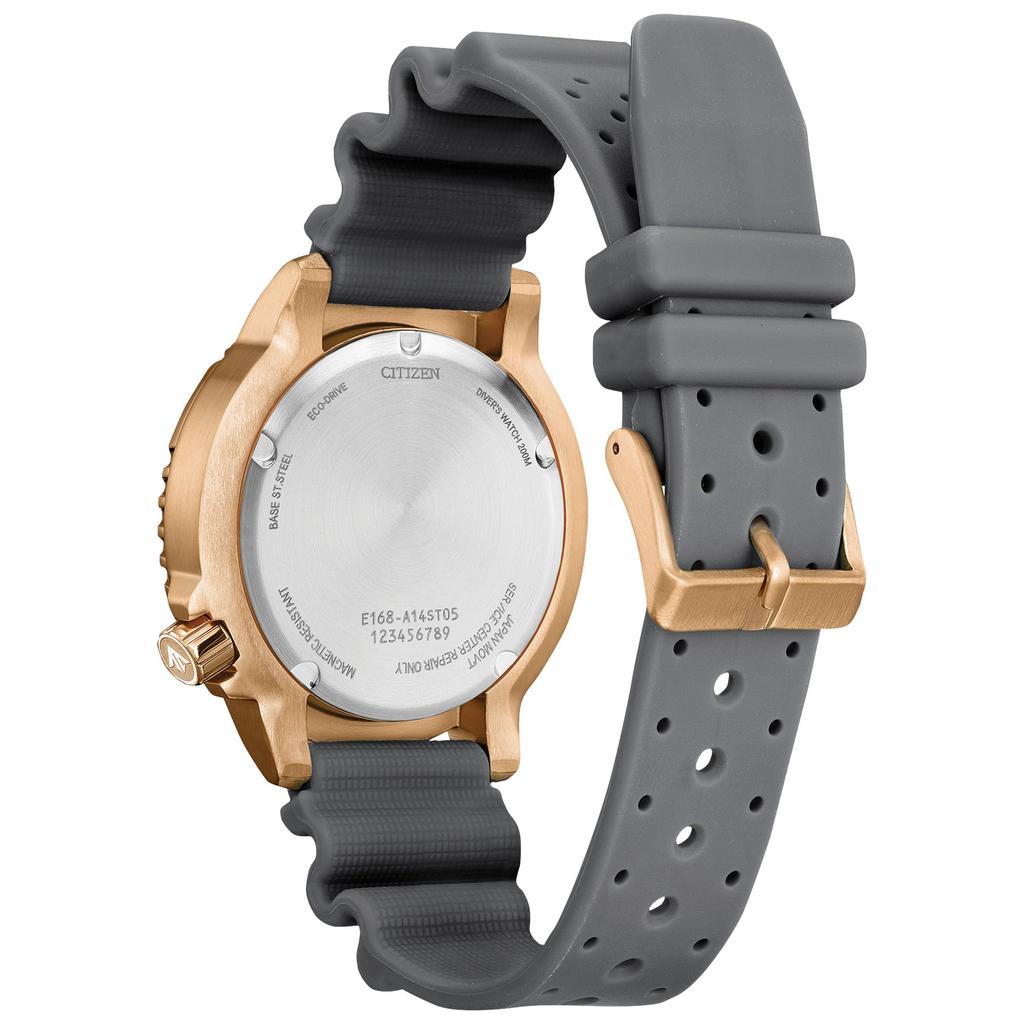 Citizen Promaster Dive Date ISO Luminous Hands and Rotating Modern Design Eco-Drive Watch, 3-Hand, Display, Certified, Markers, Bezel, Gray/Rose Gold,