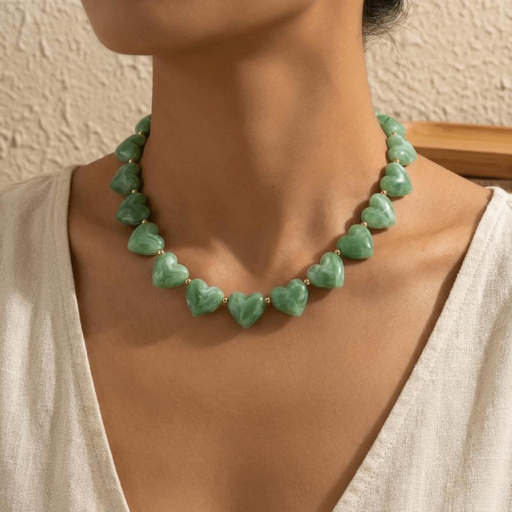 Love Heart Women Clavicle Chain Choker Sweater Chain Retro Acrylic Necklace Vacation