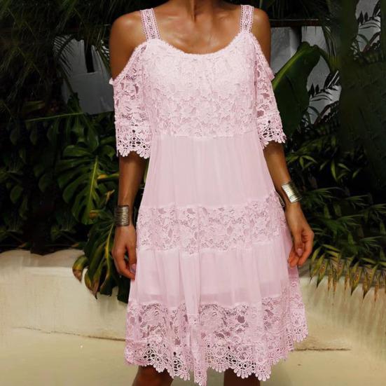 Sling Cold Shoulder Half Sleeve Summer Dress Crochet Embroidery Lace Stitching Mini Dress Female Clothing