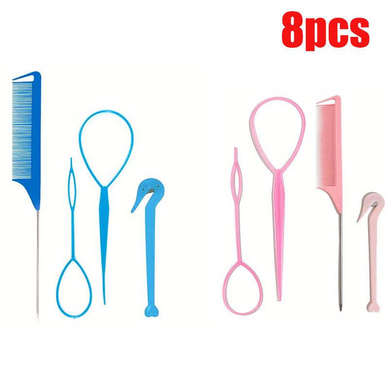4/8pcs Hair Loop Tool Set French Braid Tool Loop Rat Tail Comb Elastic Hair Rubber Bands Remover Cutter