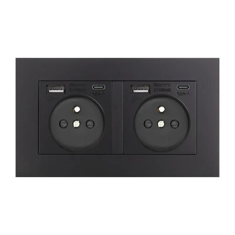 EU Standard USB Socket TypeC Charging Port Outlet,France with Socket with Switch, 16A Double Frame Wall USB Power AC 110-250V