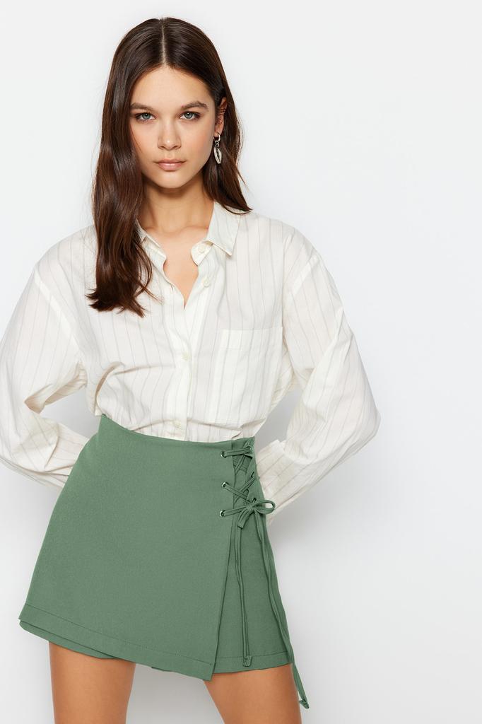 Women's Fashion Woven Short Skirt with Mink Binding and Eyelet Detail