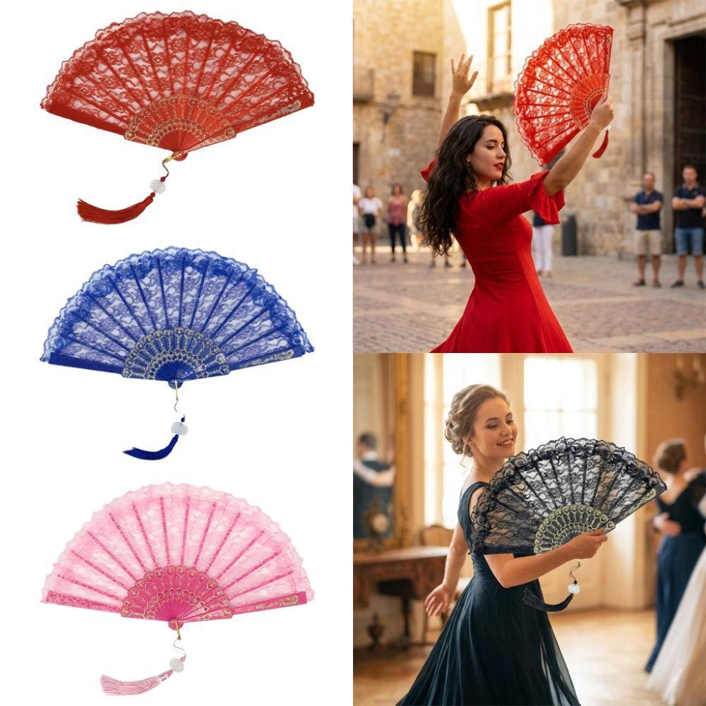 Flower Carving Chinese Style Fan with Tassel Dance Hand Fan Home Decoration