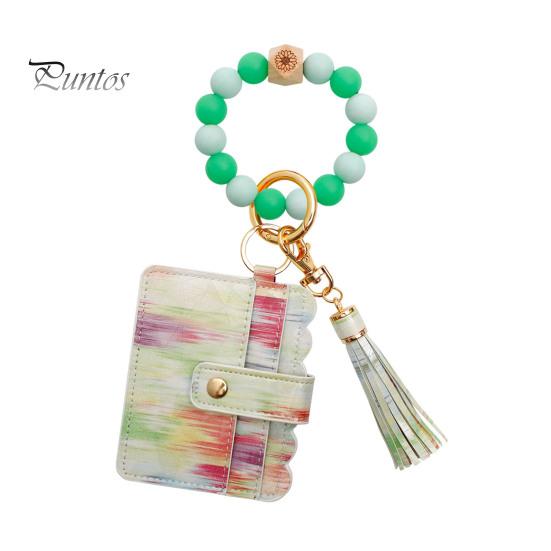 Брелок на запястье с блокировкой RFID и 6 отделениями для карт, браслет с кисточками и бусинами, брелок из искусственной кожи