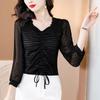 Корейская приталенная блузка с кулиской и сборками, марлевая модная блузка с V-образным вырезом, весна-осень, новая, для работы, женская одежда, повседневная рубашка с длинным рукавом