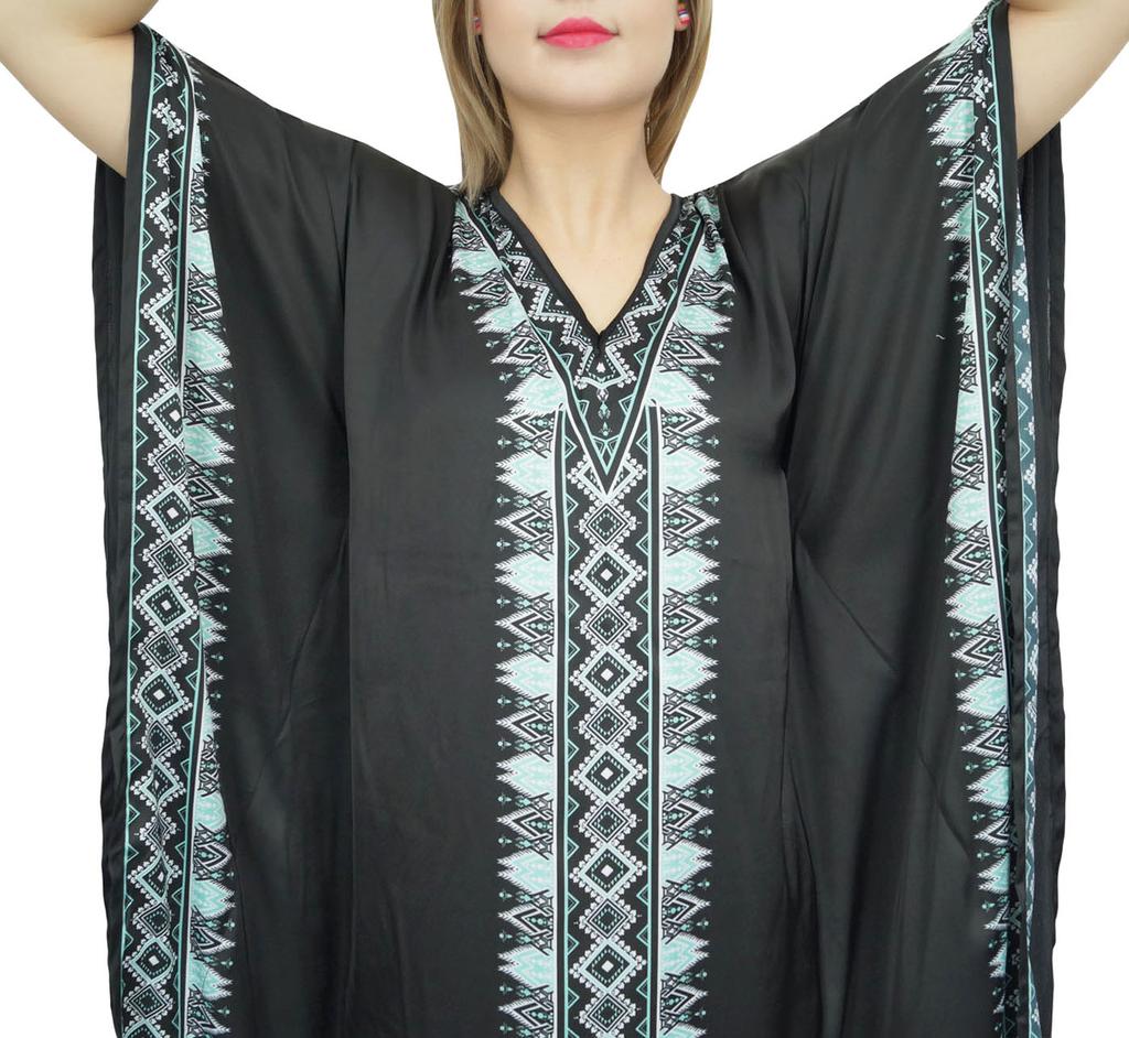 Bimba Women's Border Print Black Satin Kaftan Party Coverup Long Caftan