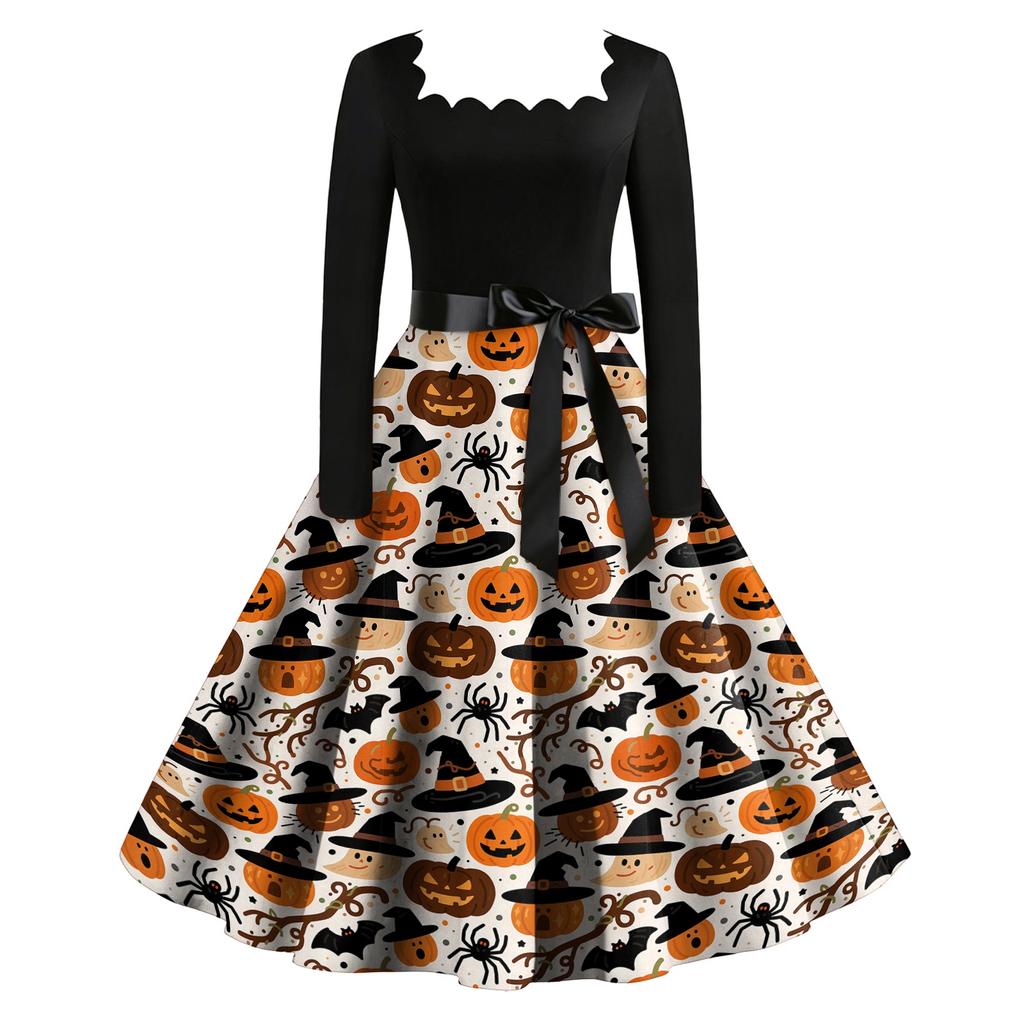 Women's Vintage Long Sleeve Square Neck Dress Halloween Skeleton Print Party Dress Retro Style Full Skirt with Waist Tie Belt