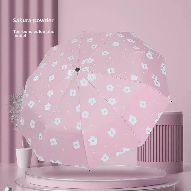 Автоматический женский зонт-цветок двойного назначения: Защита от ветра/дождя и УФ-излучения с тройным складыванием на черном клее.