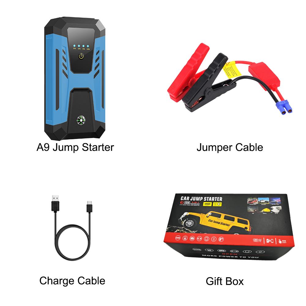 Emergency Jump Starter 1000A 12V 22200mAh Portable Power Bank LED Flashlight Anti-Spark Clamps Compass Car Charger Adapter for