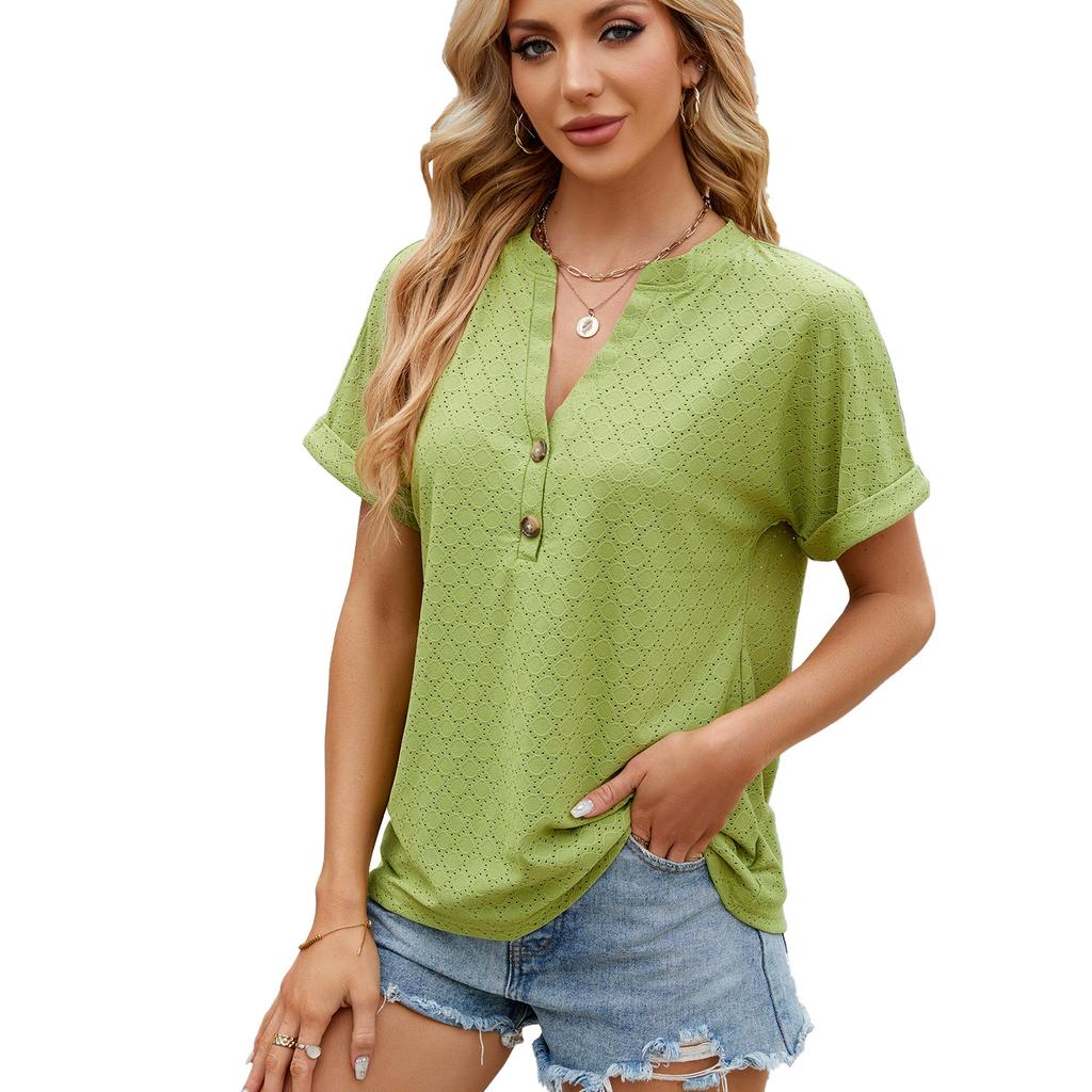 Spring and Summer Solid Color V-neck Button Loose Short-sleeved T-shirt Top Women's Clothing