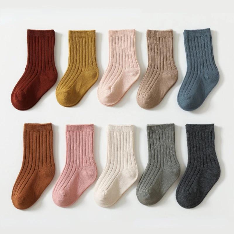 Весенне-осенние детские носки, детские эластичные цветные простые носки средней длины, симпатичные однотонные носки с рисунком в виде ямок