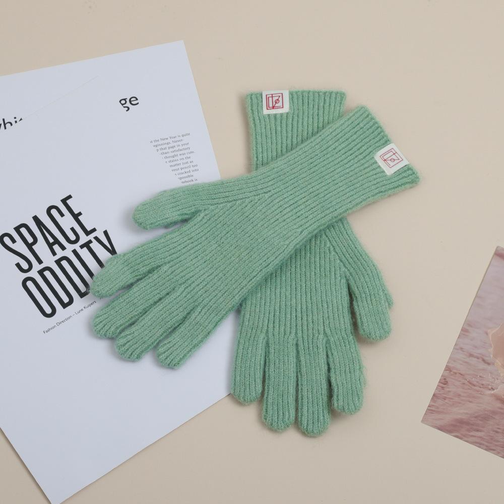 Осень и Зима Перчатки из Чистой Шерсти для Женщин Зимой Милые Корейские Маркированные Шерстяные Вязаные Теплые и Холодные Сенсорные