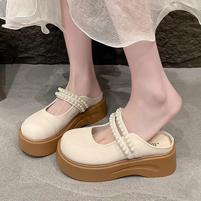 Baotou Half Slippers Women's Outer Wear Spring and Summer New Pearl Thick-bottomed Mary Jane Cool Slippers