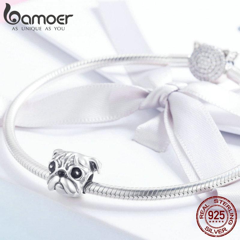 BAMOER 100% стерлингового серебра 925 пробы милые животные Мопс голова собаки подвесные бусины подходят для женщин браслеты-подвески