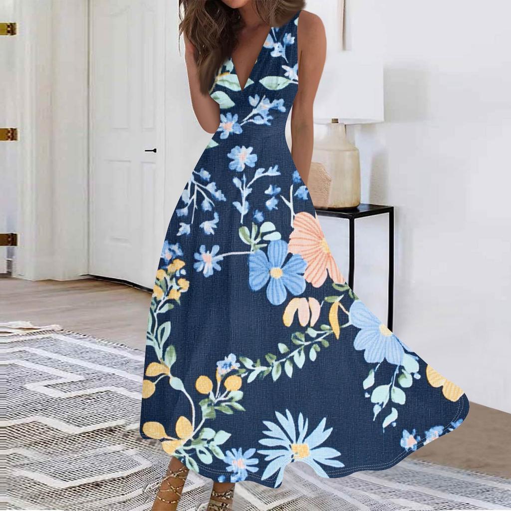 Женские модные повседневные свободные платья с V-образным вырезом без рукавов с принтом