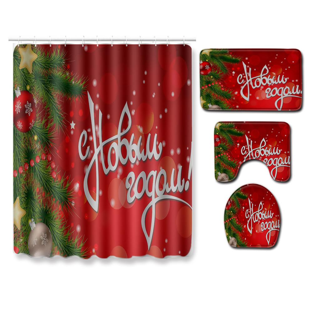 Christmas Bathroom Shower Curtain Toilet Floor Mat Four-Piece Bathroom Non-Slip Door Mat Kitchen Bedroom Absorbent Carpet