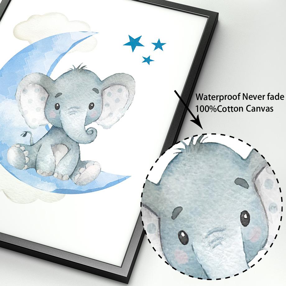 Blue Gray Elephant Moon Stars Nursery Wall Art Custom Boy Name Canvas Painting Poster And Print Baby Shower Gift Kids Room Decor