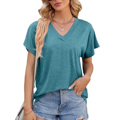 Весна-лето V-образный вырез однотонный свободный короткий рукав футболка топ для женщин футболки женские