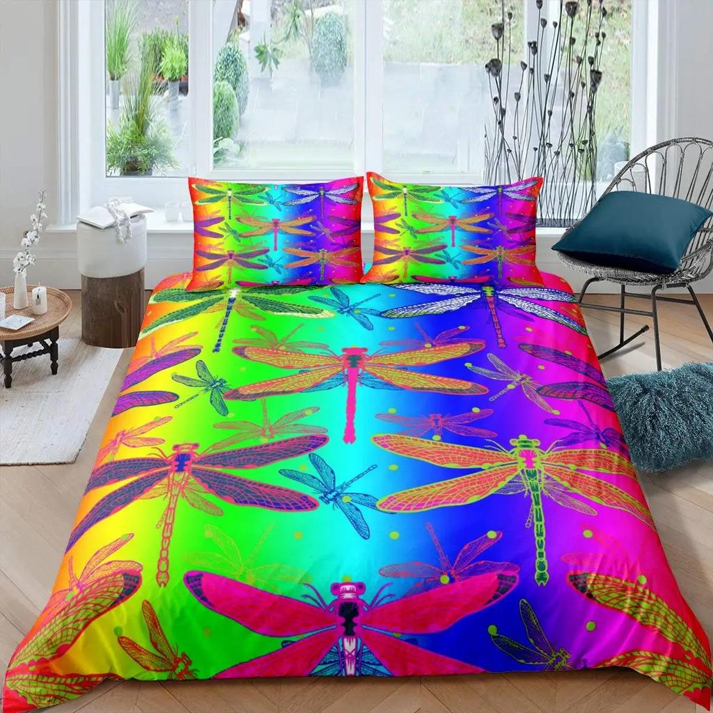 Bohemian Dragonfly Duvet Cover Set King Size Mandala Paisley Bedding Set Purple Tie Dye Iridescent Hippie Polyester Quilt Cover