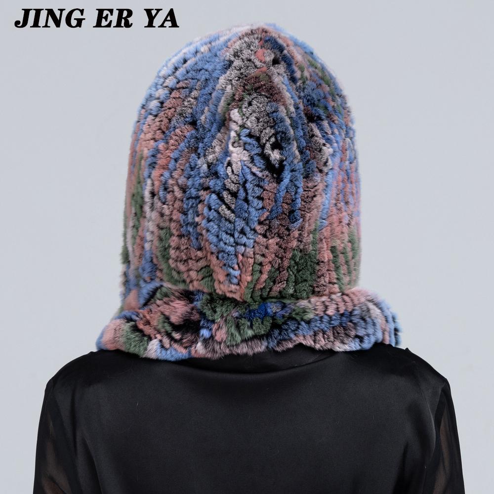 JINGERYA новая женская вязаная шапка с мехом кролика рекс, шарф с капюшоном, длинная зимняя теплая меховая шапка с шейным воротником, шарфы, шапка, шарф