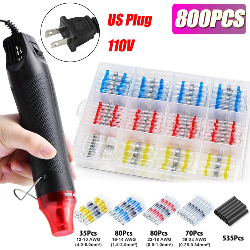 100/800PCS Solder Seal Wire Connectors Heat Shrink Solder Butt Connectors Kit Automotive Marine Insulated with 300W Hot Air Gun
