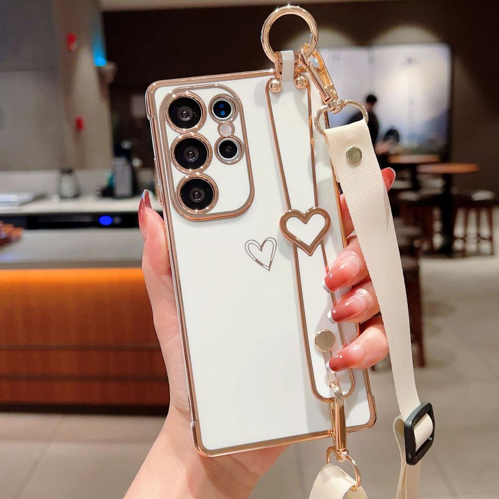 Гальваническое покрытие Любовь Подходит для чехла для мобильного телефона Samsung S25 Ultra S24FE Ремешок на запястье Подставка Шнурок A56 Защитный чехол