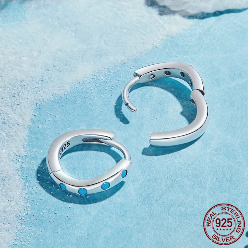 Rockyu Earrings for Silver Tsunami Hoop Turquoise Ring Pure For Both Gift Accessories Women, Simple, Small, 925, Twisted, Shape, Earrings, Blue,
