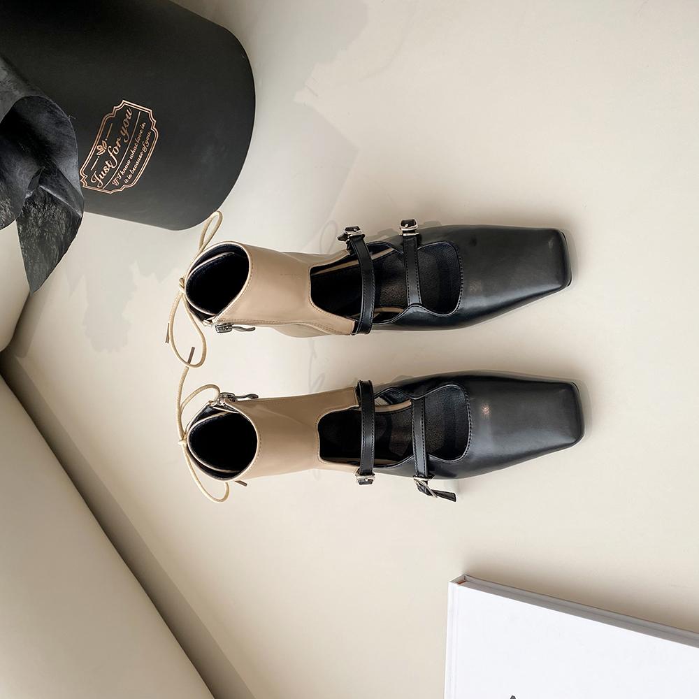 Модные женские ботильоны с квадратным носком, полые, сексуальные, с плоским каблуком, с ремешком сзади, с бантом, пряжкой на ремне, черного, хаки, белого, смешанного цвета, модельные туфли