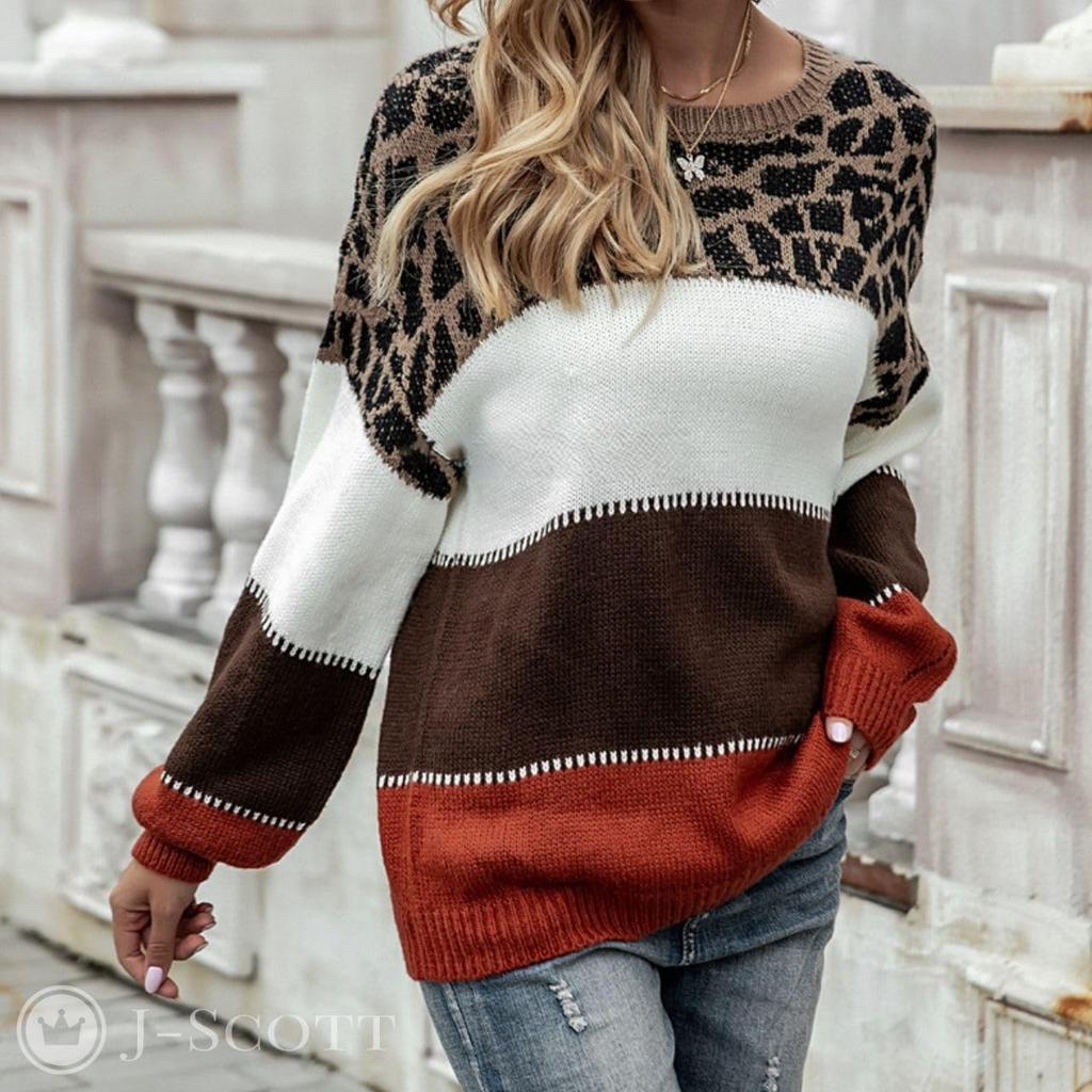 Женский вязаный свитер J-Scott с леопардовым принтом и полосатым рисунком, круглым вырезом, спущенным плечом, длинными рукавами, женственного повседневного свободного кроя, красный (JS178-RD-M)