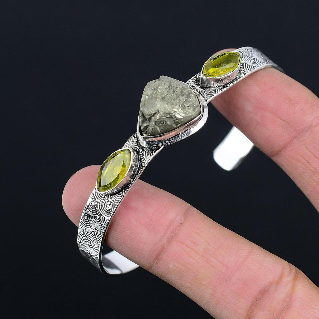 Подарок на день рождения для нее Натуральный пирит друза драгоценный камень браслет регулируемый серебро 925 пробы