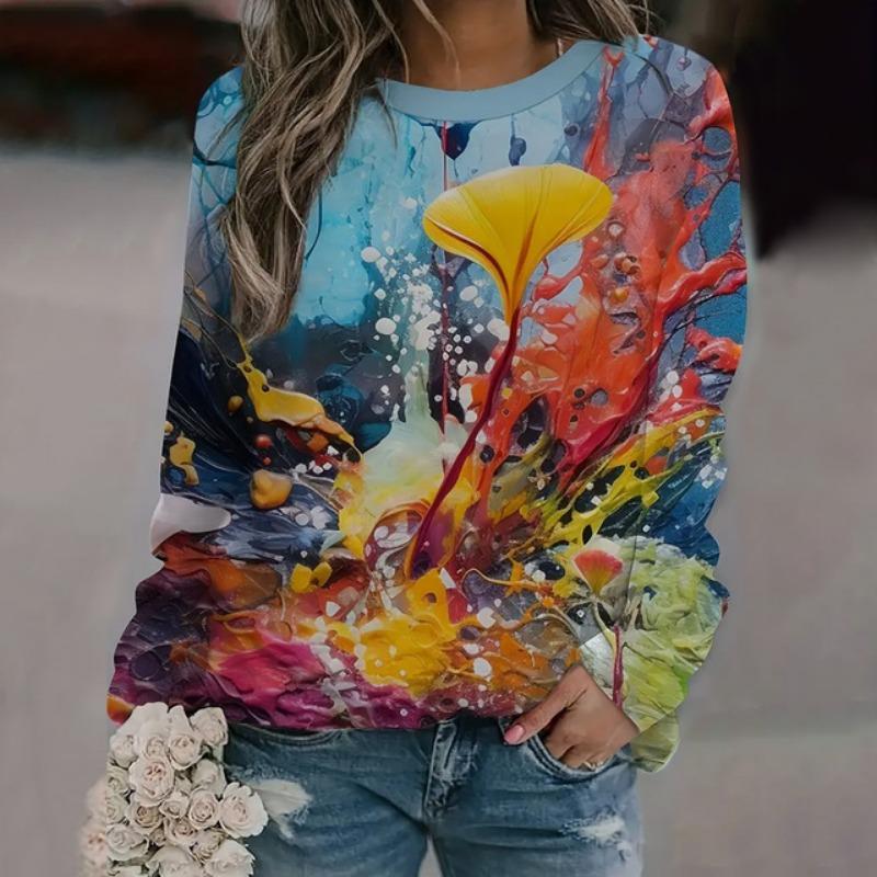 Элегантный женский топ с круглым вырезом и длинным рукавом, новая осенняя толстовка с длинным рукавом с 3D-цветочным принтом, свитшот, женская одежда больших размеров