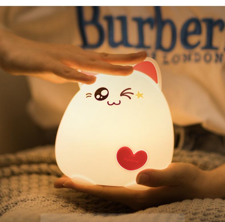 Cat Shaped Night Light Soft Silicone Touch Sensor Bedside Lamp 7 Color Changing Cute Portable Bedrooms Living Rooms Night Light