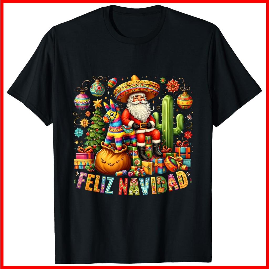 Feliz Navidad Mexican Funny Christmas Santa Festive Black Cotton T-Shirt S-5XL