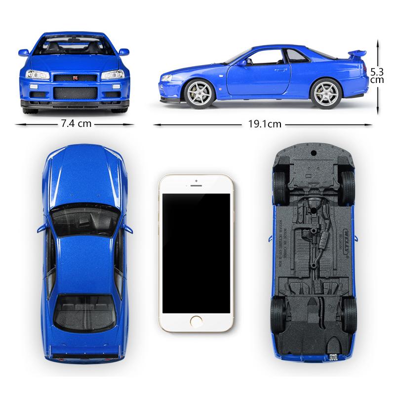 Масштаб 1/24 WELLY Nissan Skyline GT-R R34, модель автомобиля из сплава, литье под давлением, металлические игрушечные автомобили, модель автомобиля, коллекция высокой имитации, детские подарки