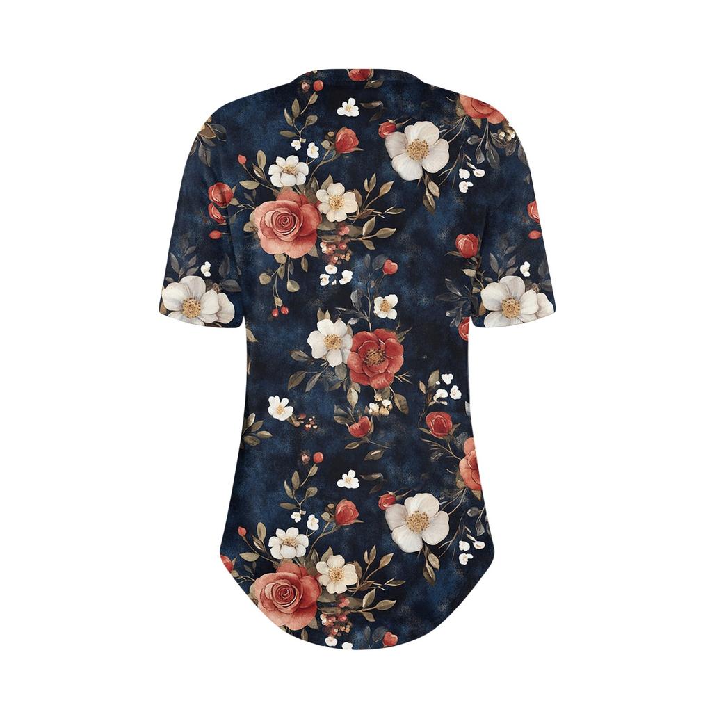 Short Sleeve Womens Tops Summer T-Shirts Floral Print V Neck Casual Basic Tee Button Shirts Tunic Tops