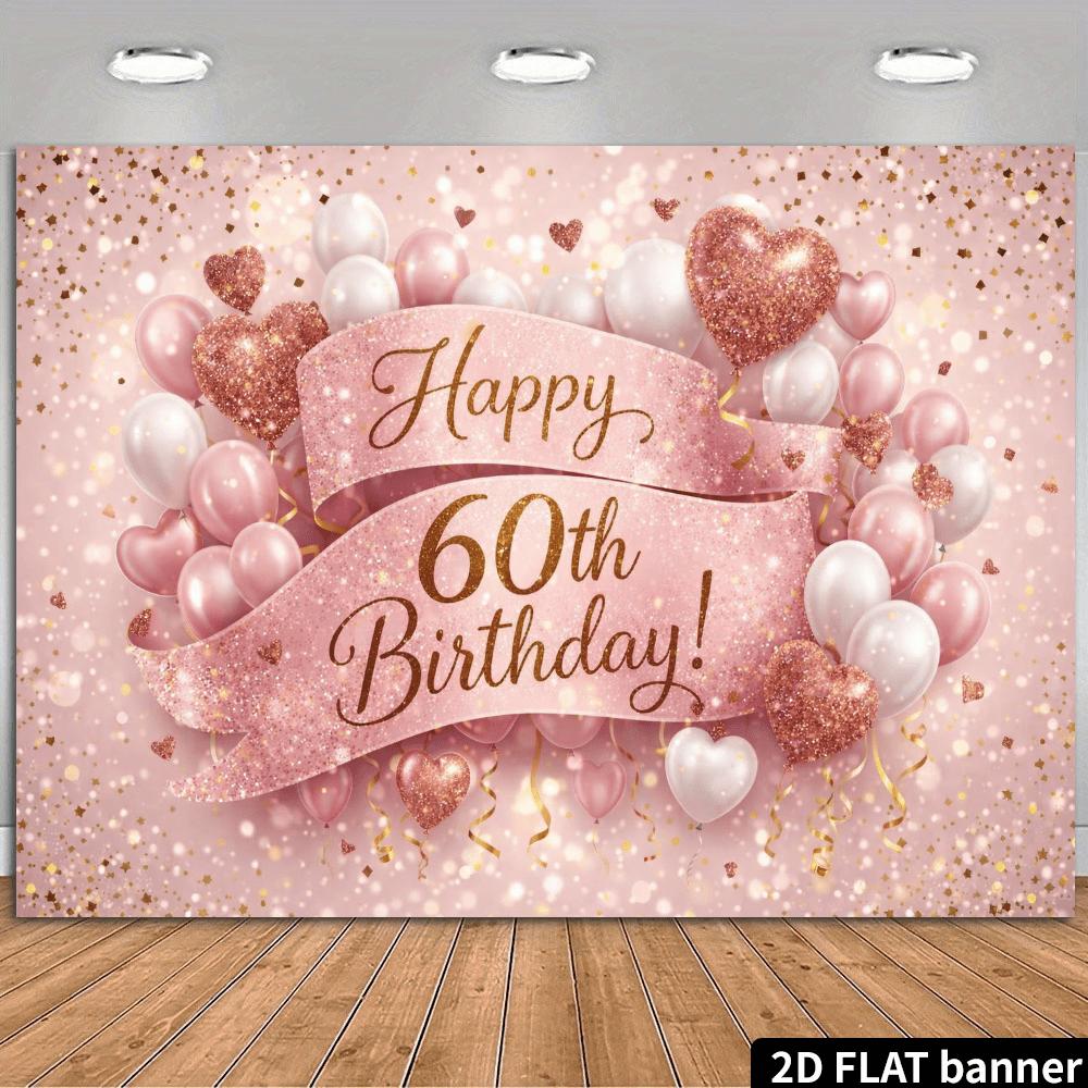 2D Flat Banner, 60th Birthday Backdrop, Pink Gradient Heart Balloon Ribbon Theme, Golden Happy 60th Birthday Text, Polyester, for Parties