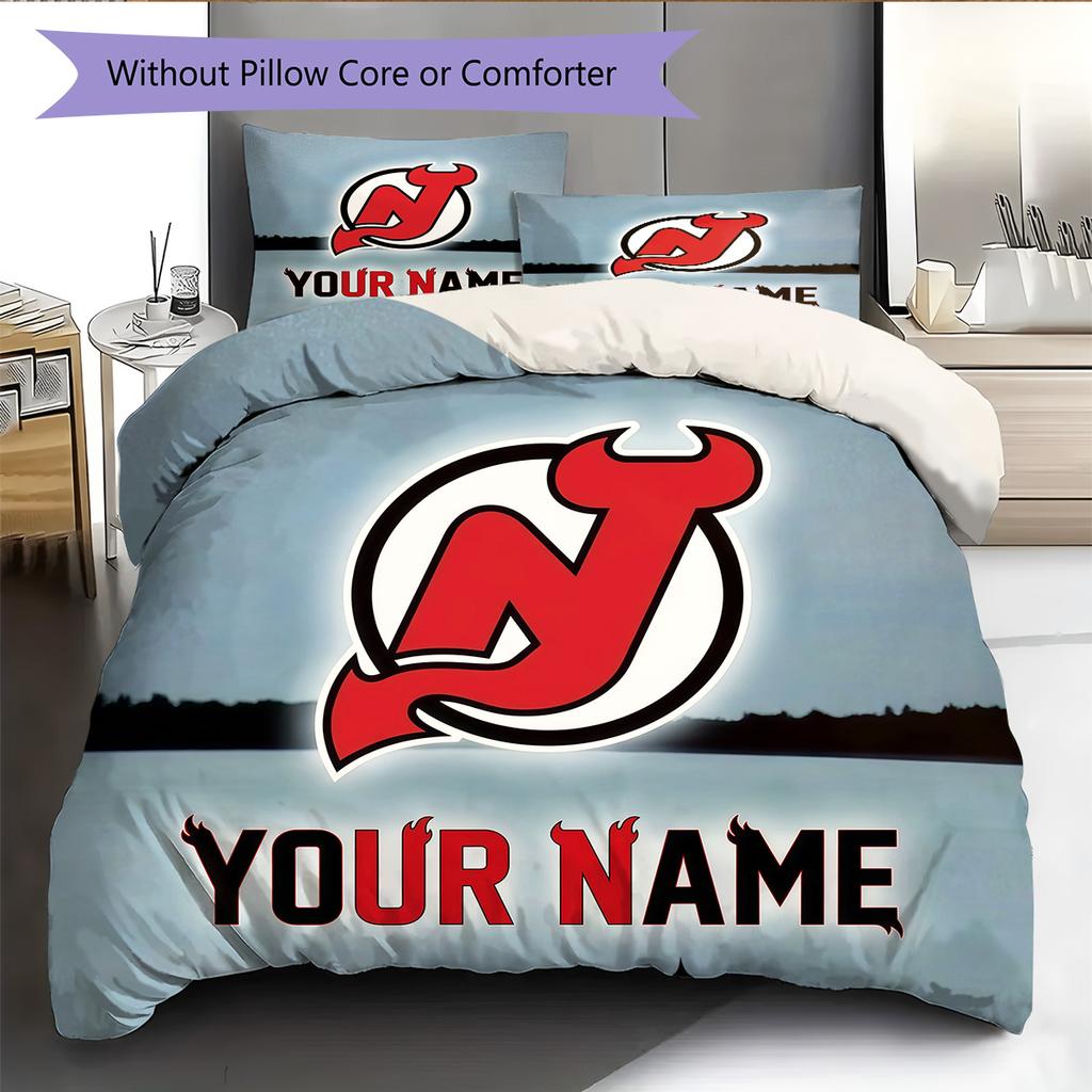 Custom Name New Jersey Devils Pattern Bedding Quilt Set Home Decoration Gift (1 * duvet cover + 2 * pillowcase without core)