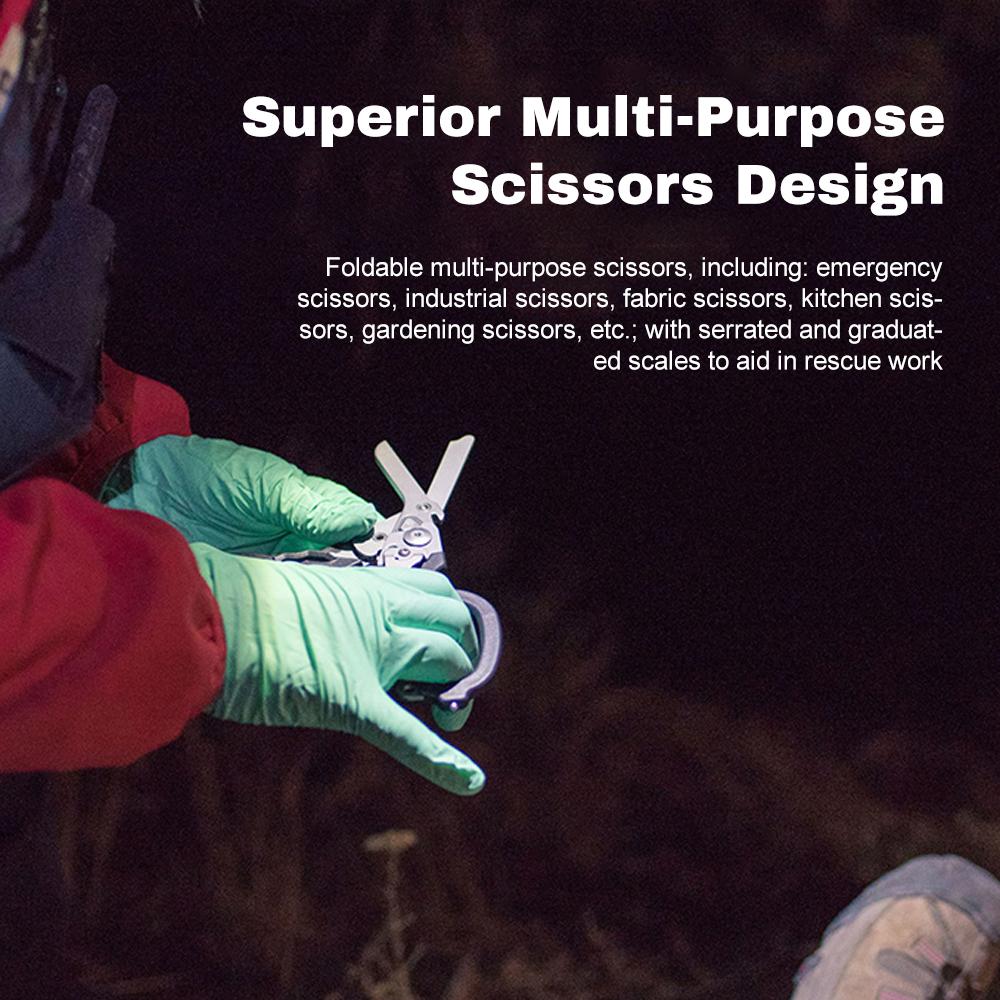 Outdoor stainless steel emergency scissors, multi-functional first aid folding scissors, portable tactical medical scissors with scabbard, black + bl