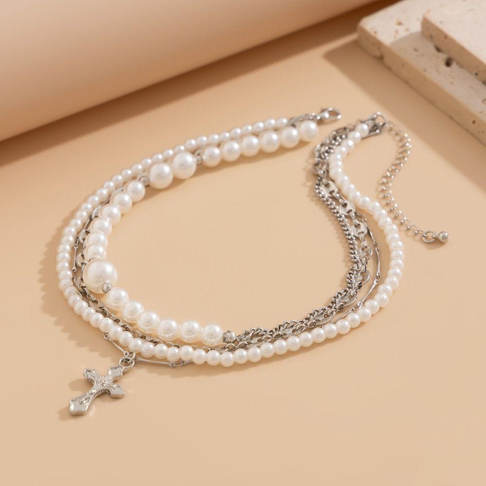 Cross Exaggerated Pearl Neckchain Elegant Women's Clavicle Chain Jewelry Gift