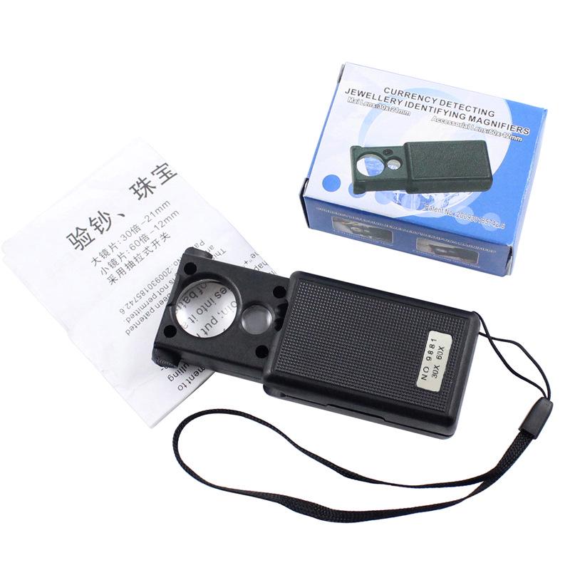 30X 60X Pocket Jewelry Magnifier Slide Out Illuminated Magnifying Glass with LED UV Light Handheld Loupe Lens For Diamond Coins