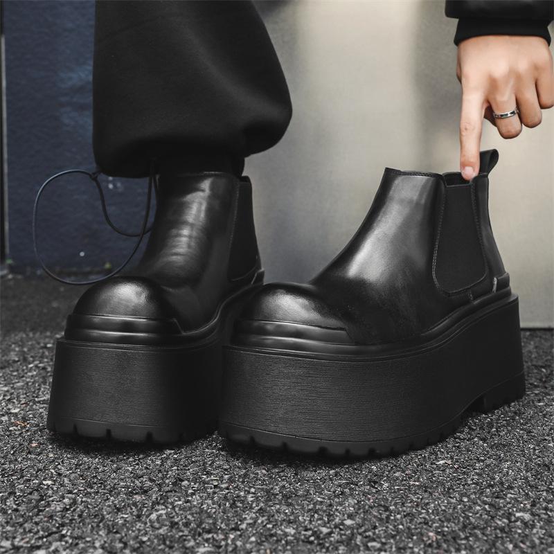 Мужские кожаные увеличивающие рост туфли челси на очень толстой подошве, с рукавом, туфли-маффины, короткие ботинки