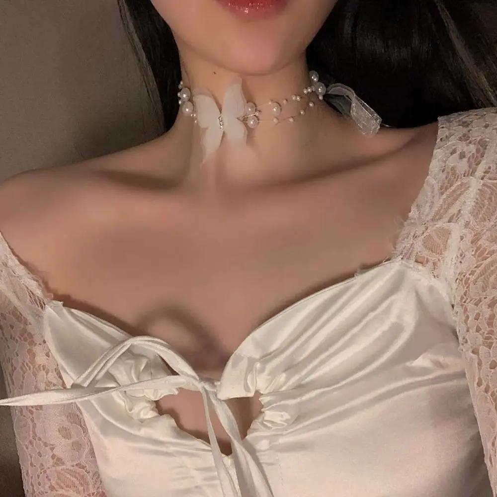 Elegant Butterfly Necklace Temperament Girl Ribbon Choker New Ribbon Butterfly Choker  Women