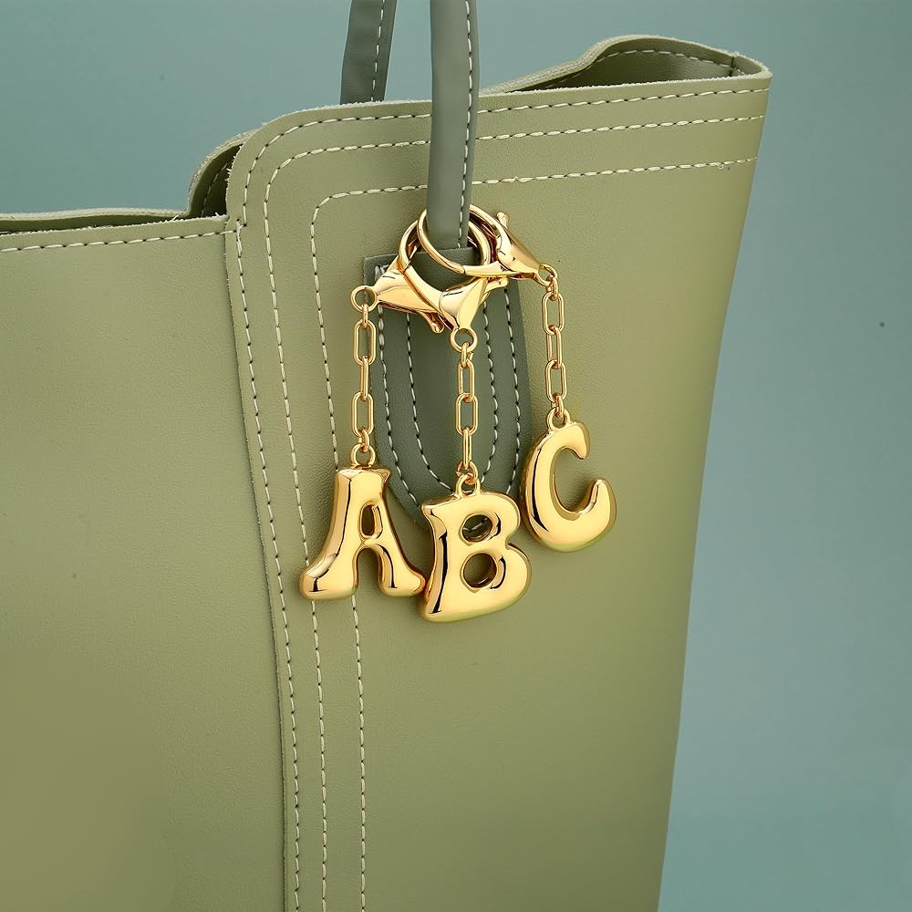 Gold Bubble Initial Keychain Letter Bag Charm for Women DIY Alphabet Purses Handbag Pendant School Backpack Gift Key Accessories