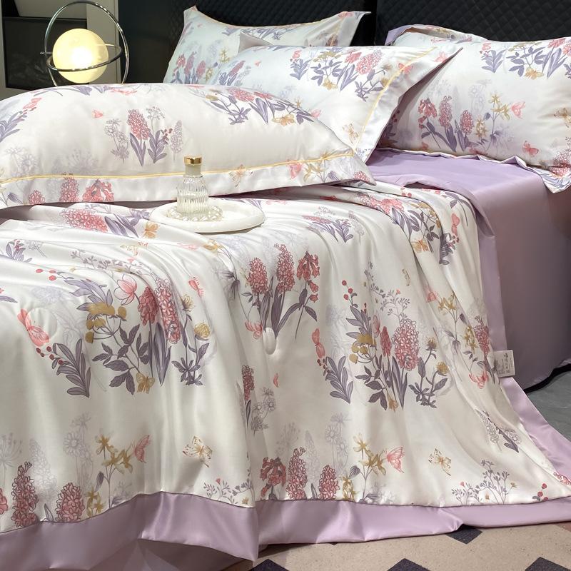 Summer Cool Tencel Quilt Set 4 Piece Includes Summer Blanket Bed Sheet Two Pillowcases Silk Lightweight Quilt For Double Twin Size