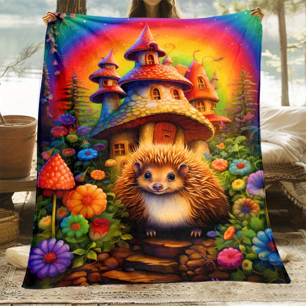 Hedgehog Fairy Castle Mushroom Garden Fleece Blanket Whimsical Fantasy Art Soft Throw Blanket Colorful Home Decor Gift for Kids