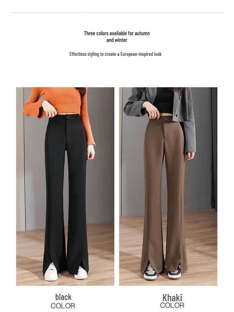 2026 Women's High-Waisted Flowing Black Micro-Flare Wide-Leg Trousers with Slit