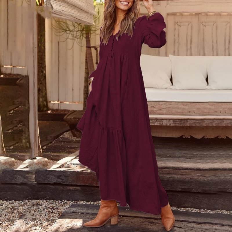Women's Fashion Spring Fall Solid Color Print Long Sleeve V-Neck Loose Waistline Casual Dresses