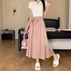 DX~~New Design Feeling Bow Tie Satin Pleated Skirt, Spring and Summer High Waisted Slim A-line Skirt