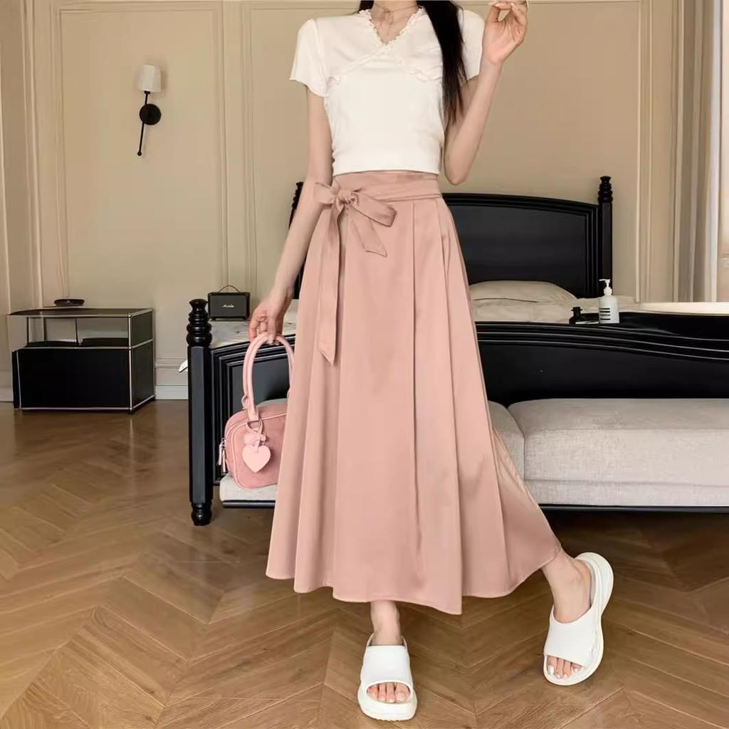 DX~~New Design Feeling Bow Tie Satin Pleated Skirt, Spring and Summer High Waisted Slim A-line Skirt
